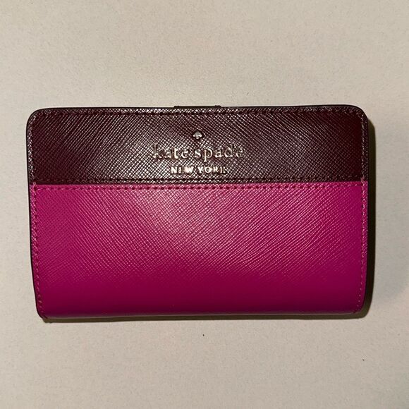 kate spade Fuchsia Pink Burgundy Two Tone Leather Madison Medium Bifold Wallet - Picture 1 of 9